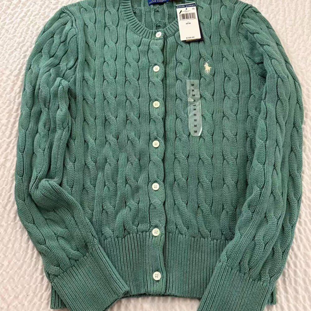 Polo Ralph Lauren Women Cable Knit Cotton Cardigan Sweater Green NWT Size M